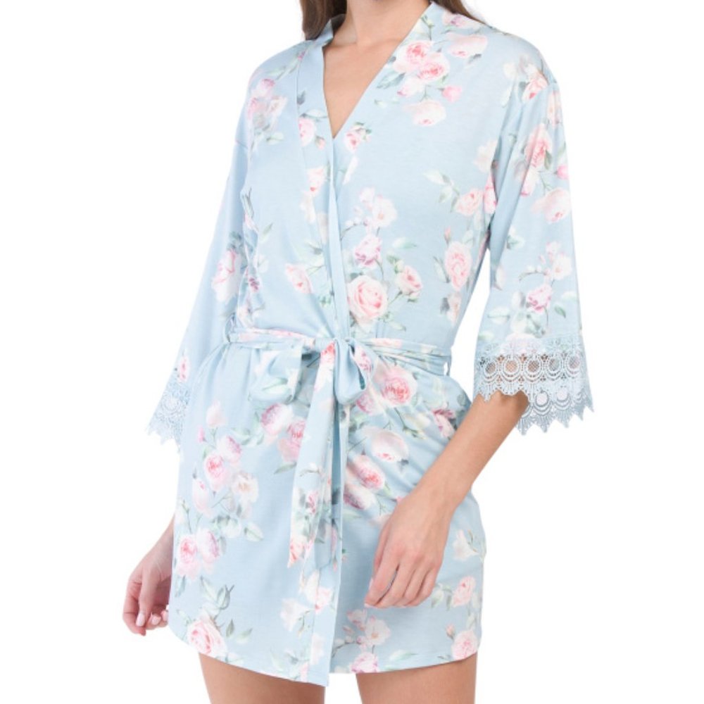 NEW Flora Nikrooz Women Floral Rose Lace Trim 3/4 Sleeve Light Blue Short Robe